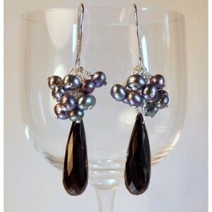 Black Spinel - Peacock Fresh Water Pearls - Sterling Silver Earrings